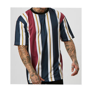 T-shirt col ras du cou en coton et Polyester pour hommes, rayures verticales, vêtements de sport multicolores, vente en gros, - Product Image 1