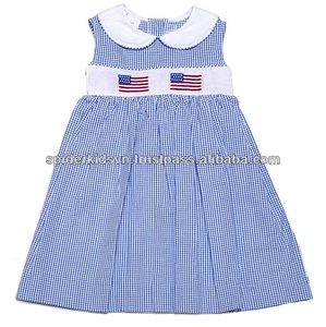 Vestido de algodón bordado con bandera americana Patriótica para niña Azul Real, 4 de julio, verano, hasta la rodilla para niños - Product Image 1