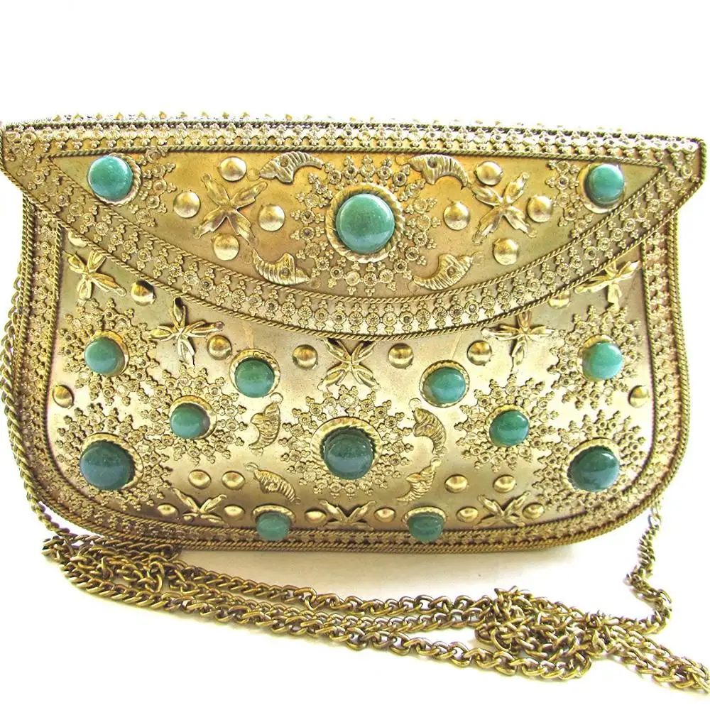 UNIQUE Handmade Bag Antique Gold Metal & Green Natural Stones Clutch Purse w/Strap