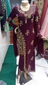 2022 Dabka Work Party-Wear/Wedding <b>Dress</b> Wine Color Top and Pant with Embellished Crystal Glass Beads Sequined Lace Decoration - Product Image 2