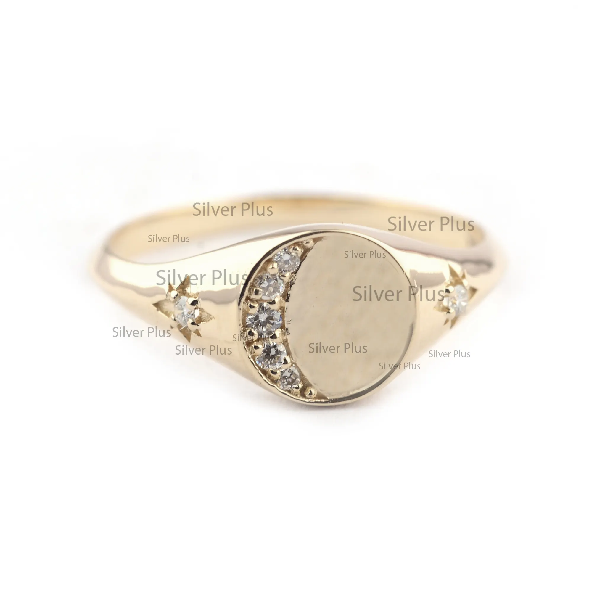 Croissant de Lune Et Deux Étoiles Design Chevalière Solide 14K Or Jaune Véritable Clerté Si G-H Couleur Diamant Bijoux En Gros