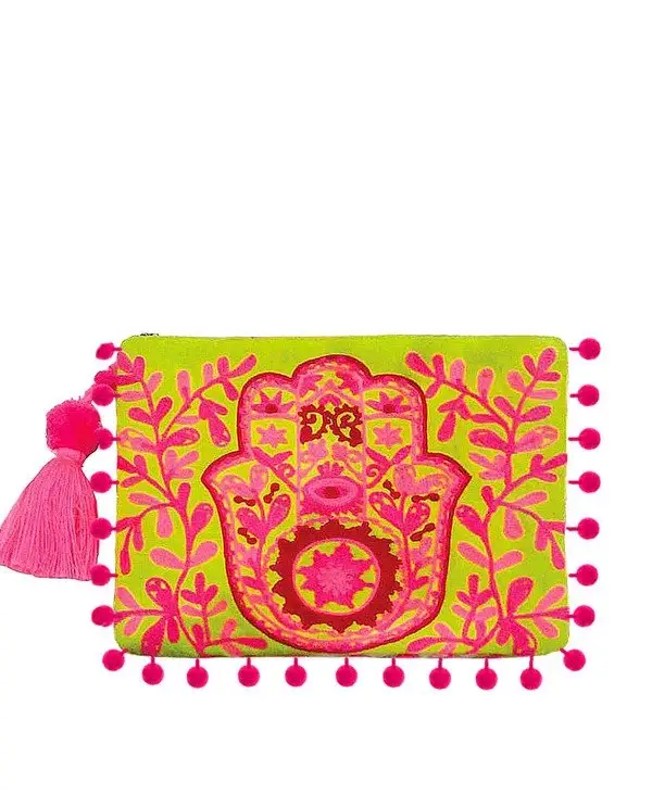 Spring New Arrival Hand Made Embroidered Hamsa Hand Bag Matching Tassel With Pom Poms Clutch Bag