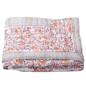 Ấn Độ Tay Khối Hoa In Jaipur Rajai Bông Bộ Đồ Giường Trắng & Cam Quilt Ném Phong Cách Mền Rajai Trang Trí Nội Thất Ném