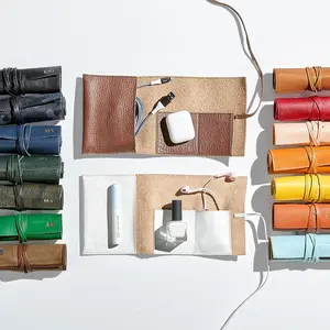 YY Custom Electronics Leather Travel Cord Earphone Roll Organizer Cable Management Leather Charger Roll Up Pouch Bag