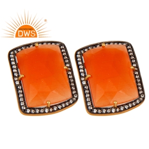 Boucle d'oreille pêche en pierre de lune pour femme, vente en gros, forme rectangulaire, plaqué or, 925 en argent, joaillerie - Product Image 2