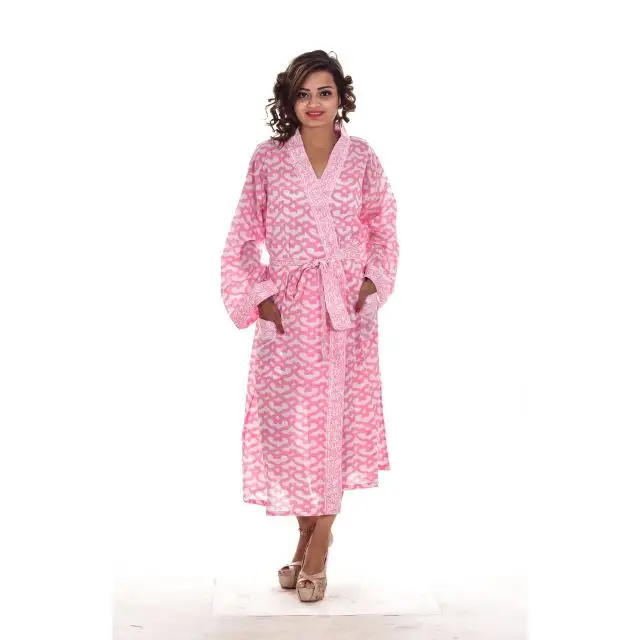 Partywear pink floral dressing gowns pure cotton wholesale long maxi dress jaipuri block printed bridesmaid beachwear kimono