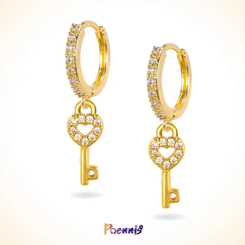 POENNIS Trend Fashion Personalized Jewelry Women 14K Gold Mini Heart Key Lock Drop Hoop Earrings