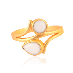 Bague Double pierre en Agate blanche, forme ronde, Design classique, Unique, plaqué or mat, ouvert, réglable, anneaux empilables, bijoux - Product Image 1