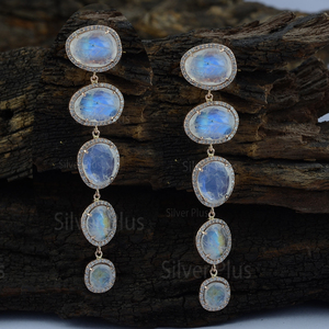 Genuine Moonstone <b>Diamond</b> <b>Dangle</b> <b>Earrings</b> Solid 14K Yellow Gold Jewelry Manufacturer - Product Image 1