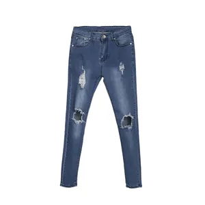 Fit şık sıska yırtık kot pantolon mavi kot pantolon moda erkek elastik streç Denim Jean pantolon özel etiket erkek ince