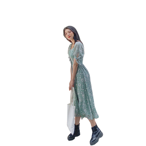 Novedades All-Over Printed Floral <span class=keywords><strong>Spring</strong></span> Dresses para mujer Midi Length Button Closure Mint Black Natural Lavable Made - Product Image 1