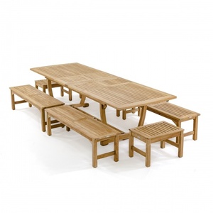 Conjunto de Mesa de Madera de Teca Minimalista para Exteriores con Bancos Largos para Comer en Comunidad y Espacio de Jardín - Product Image 3
