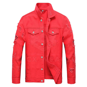 <b>Red</b> Stand Collar Waterproof Windproof Winter 100% Cotton <b>Men's</b> <b>Jeans</b> Jacket Long Sleeves Made in Pakistan - Product Image 1