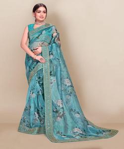 Bollywood Designer Soie Lyra Tissu Saree Travail Fleur Broche Fête De Mariage Porter Impression Numérique Coloré De Luxe Indien Saree - Product Image 2