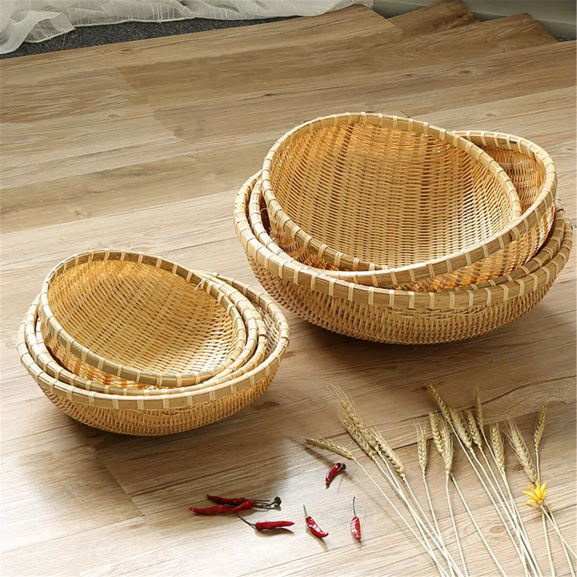 Bamboo basket woven placemat, round braided fruit basket made in Vietnam