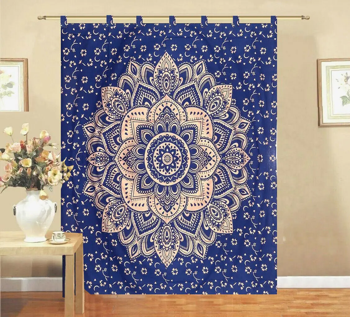 Mandala blu oro piccola tenda pannello singolo parete appesa porta finestra drappeggio mantovana fatto a mano