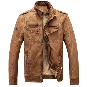2021 Wholesale Men's Casual Leather Jacket Autumn Winter Fashion Thicken Fleece Lined Jacket Brown Color Leather Jacket