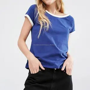 Kaus Wanita Promosi Musim Panas Kaus Biru dengan Pilihan Cetak Kustom Kaus Mode Tubuh Pendek