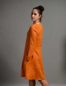 Nouvelle Arrivée Tendance : Robe en Lin Orange pour Femme, Coupe Sexy, Col Rond, Manches Longues, Longueur Genou, en Tissu Crêpe, Dernier Cri - Product Image 4