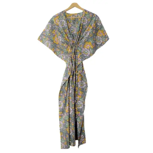 Handgemaakte Abstract Gedrukt Lange Caftan Strand Wear Night Maxi Gown Etnische Vrouwen Kaftan Jurk Kimono