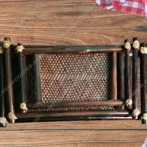 En çok satan dekoratif hizmet Handwoven Rattan hasır antik dikdörtgen restoran ev tepsi için bambu servis tepsisi Set