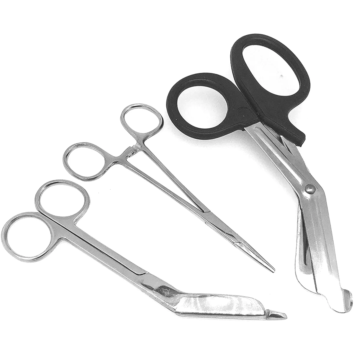 Paramedic tools with medical bandage scissors lister scissors, and a hemostat clamp for paramedics, EMTs, Nurses