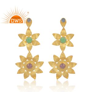 Calcedonia de vidrio de moda de piedras preciosas pendientes de latón proveedor de joyas de diseño de la flor, pendientes del fabricante - Product Image 1