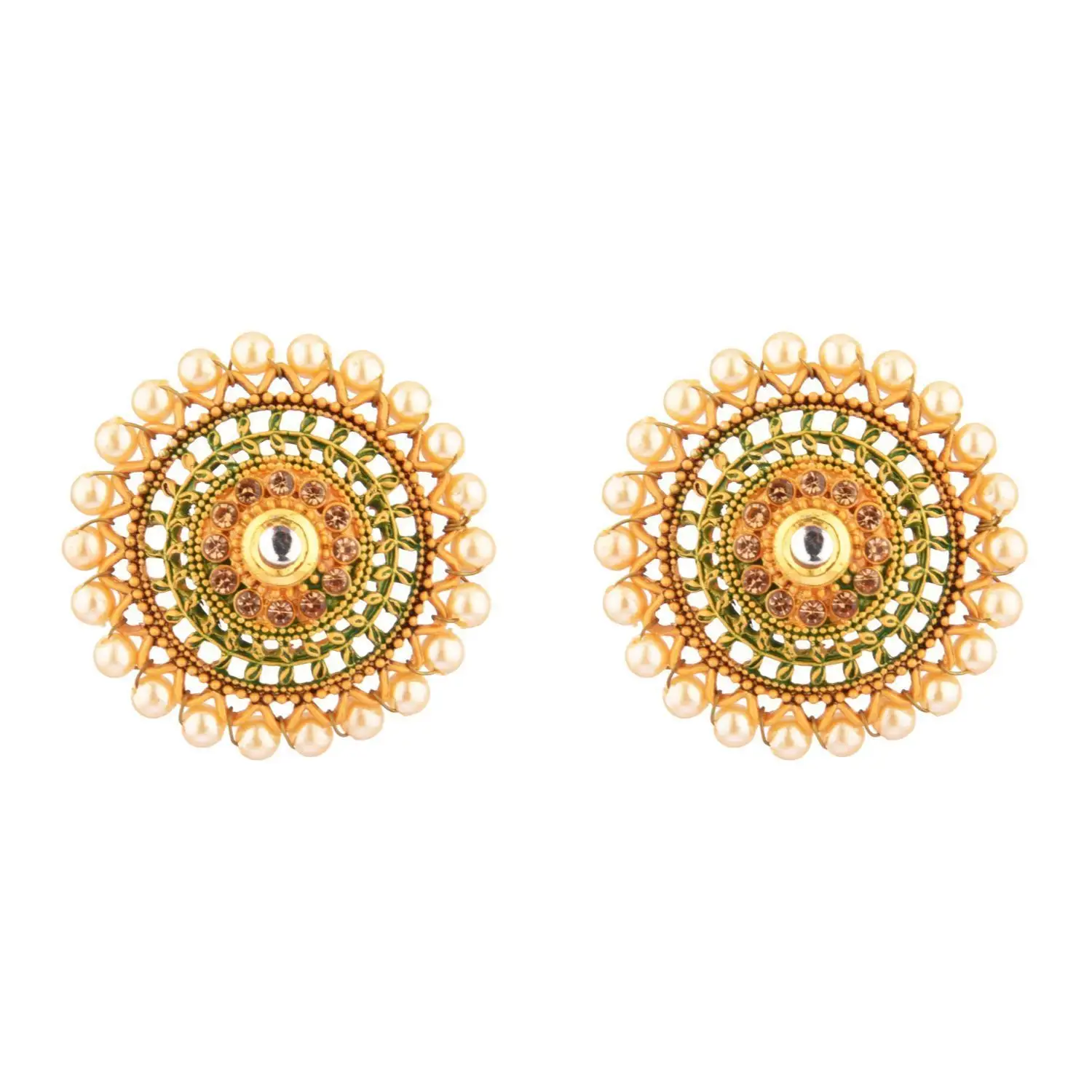 Anting Kundan India Perhiasan Kristal Mutiara Imitasi Antik Anting Kancing Bulat Besar Perhiasan untuk Wanita, Hijau