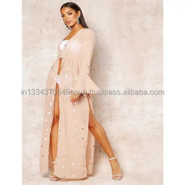 Exclusive Zari Embroidered Star Nude Color Sexy Front Open Bell Sleeve Cover Up Women Dresses Wholesale Lady Apparel Maxi Dress