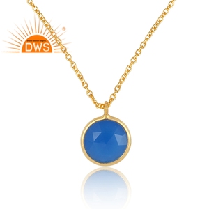 Collar con Colgante Redondo de Calcedonia Azul, Diseño de Plata 925 con Baño de Oro de 14k, Proveedor de Joyería, Colección Clásica - Product Image 2