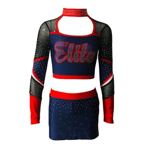 Costumes de cheerleading tendance pour filles, manches longues, bretelles <span class=keywords><strong>sexy</strong></span>, uniforme avec strass, ensembles imprimés - Product Image 1