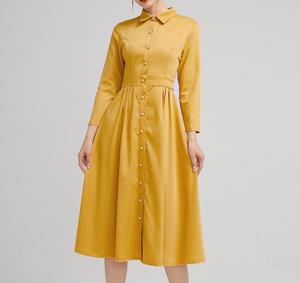 Vestido Camisero Amarillo con Cuello Camisero, Manga Tres Cuartos, Largo Midi, Color Sólido, Tejido Transpirable, 100% Lino, Bordado, Oficina - Product Image 2