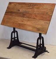 Table de dessin rotative industrielle vintage en bois de pin ancien avec plateau en bois