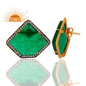 Pendientes de Botón de Aventurina Verde, Chapados en Oro de 18k, Plata 925, Joyería de Moda, Proveedor de Joyería, Colección Clásica - Product Image 3
