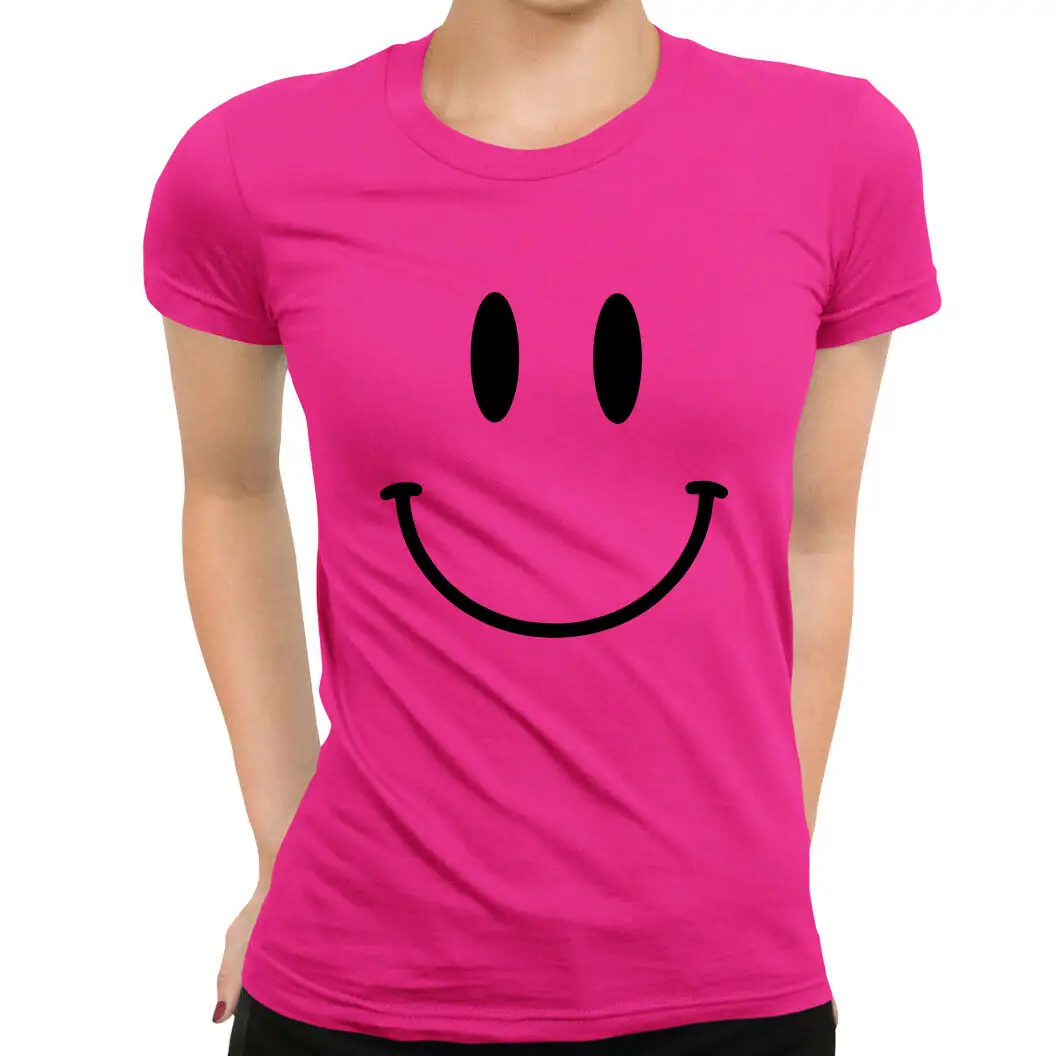 Smiley Happy Face เสื้อยืดแขนสั้นพิมพ์ลายสำหรับผู้หญิง,เสื้อผ้าลำลองผู้หญิงพิมพ์ลายเฉพาะตัว