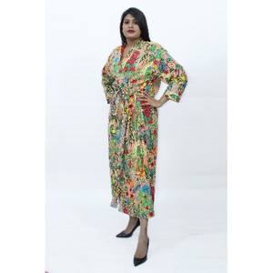 New Arrival 100% Cotton Handmade Lightweight Long Kimono <b>Robe</b> Stylish Tunic Beachwear Nightwear Dress V-Neck Floral Print Adults - Product Image 5