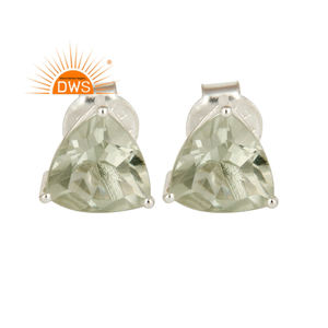 Trillion Cut Green Amethyst Gemstone <b>Earrings</b> <b>Solid</b> 925 Sterling <b>Silver</b> Designer Tiny Stud <b>Earrings</b> Jewelry Manufacturer - Product Image 3