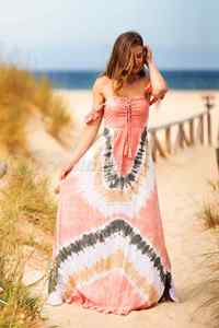 Boho ชุดเดรสมัดย้อมสไตล์ยิปซี,ชุดกระโปรงแขนพองเอวยางยืดแฟชั่นมัดย้อมสำหรับว่ายน้ำชายหาดฤดูร้อนชุดค็อกเทลโบโฮ - Product Image 5