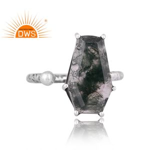 Handmade Designer Oxidized <b>Sterling</b> <b>Silver</b> Natural Moss Agate Gemstone Coffin Design <b>Adjustable</b> <b>Ring</b> Manufacturer - Product Image 2