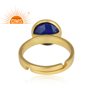 Anillo de declaración de diseñador de piedras preciosas de lapislázuli redondo de plata de ley chapado en oro hecho a mano, joyería para mujer, regalo para ella - Product Image 4
