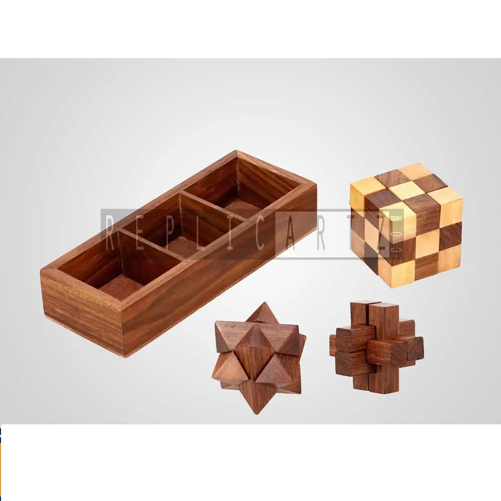 Wood Interlocking Blocks, Diagonal Burr, and Snake Cube in Storage Wooden Puzzle Games