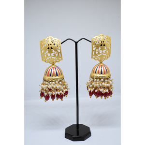 handmade brass golden matte finishing partywear meenakari stud <b>long</b> jhumki hoop <b>earing</b> for girls and women - Product Image 2