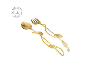 ชุดช้อนและส้อมด้ามใบไม้ทองเหลืองแบบพรีเมี่ยมเคลือบสีทองหรูหราเหมาะสำหรับการตกแต่งอาหารของขวัญและการใช้บริการ - Product Image 1