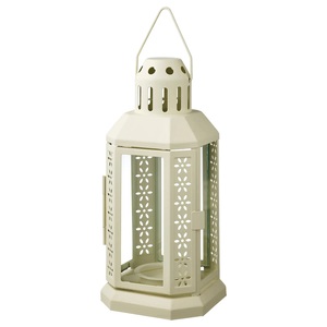 White Metal <b>Lantern</b> with Floral Cutouts for Home Decoration Hanging Candle Holder Durable Design - Product Image 1