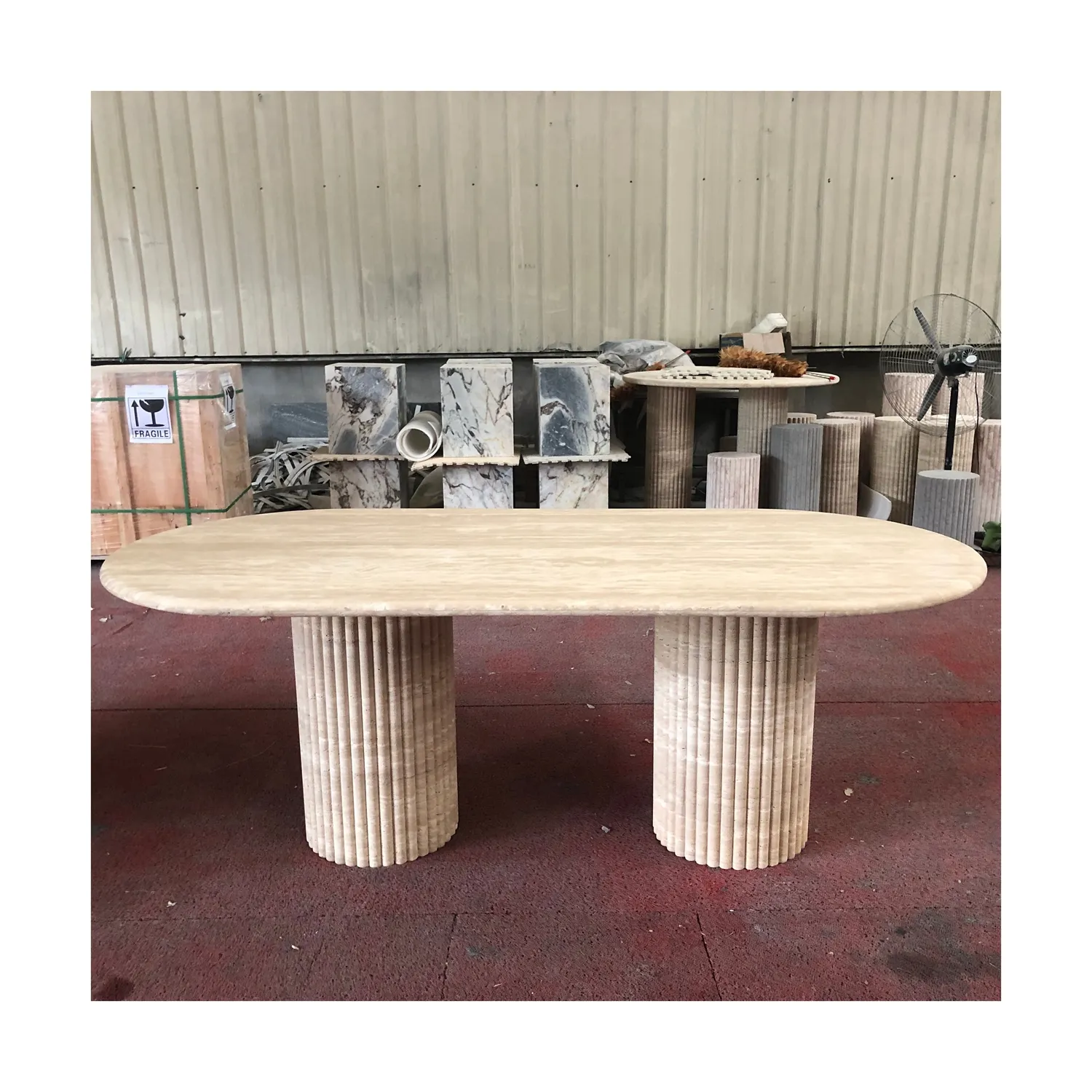 SHIHUI özelleştirilmiş doğal traverten yemek masası taş mobilya yemek masası yivli Oval mermer traverten yemek masası
