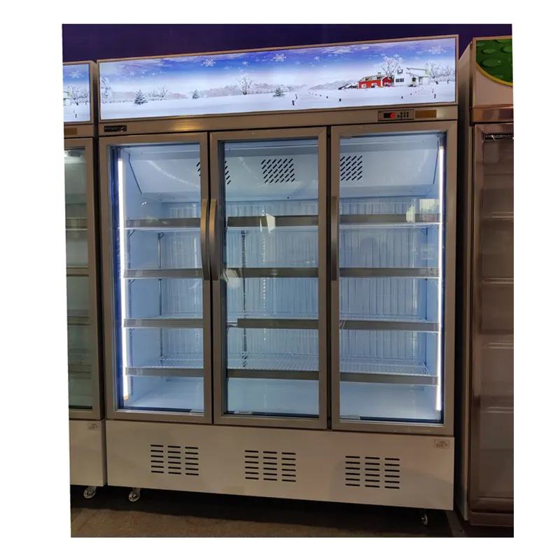 2021 Factory Supply Tiefkühlkost Minus 16 Grad Kommerziell Drei Glastüren Aufrechte vertikale Gefriert ruhe