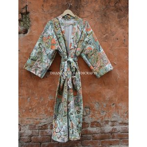 Peignoir de bain matelassé Kantha multicolore Robe maxi en coton imprimé bloc à la main Fait à la main Vêtements de nuit en gros Style kimono grande taille - Product Image 6
