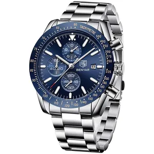 BENYAR 5140 BENYAR hommes en acier inoxydable Sport chronographe montre à Quartz décontracté mode étanche calendrier complet hommes horloge reloj