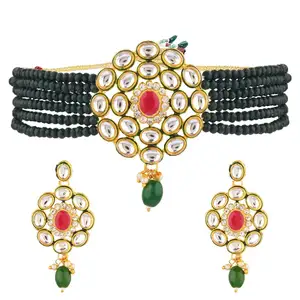 Bán Buôn Ấn Độ Kundan Trang Sức Pha Lê Faux Ngọc Trai Đính Cườm Choker Necklace Bridal Jewelry Set, Màu Xanh Lá Cây