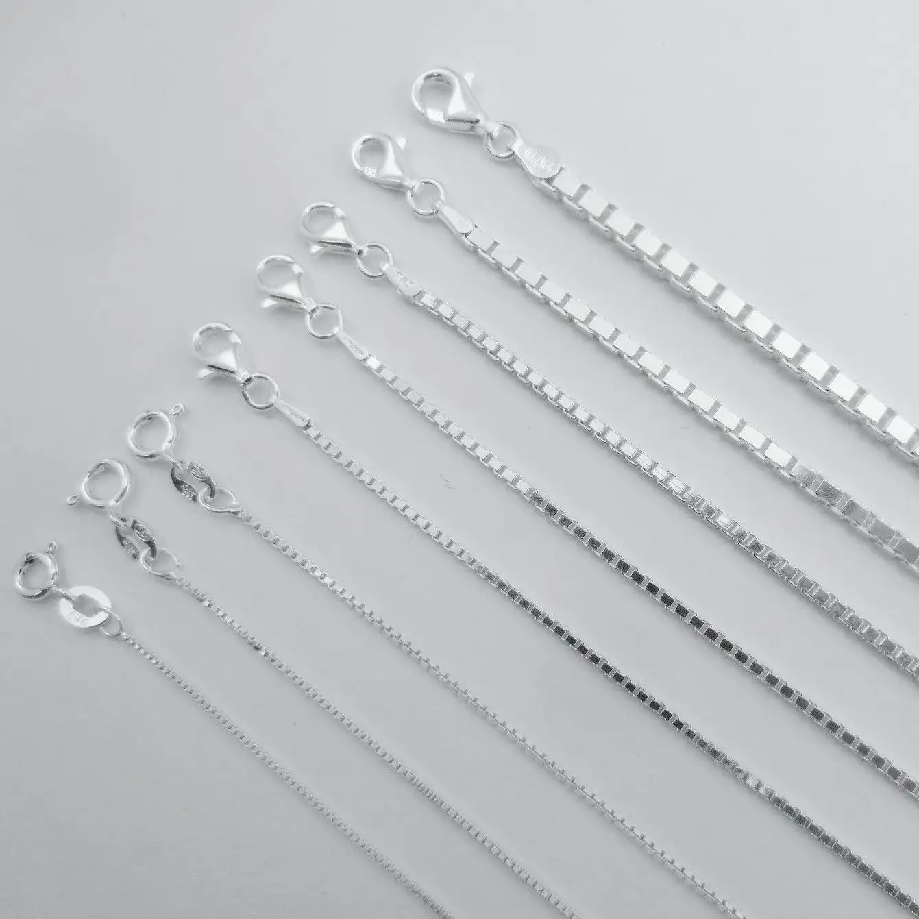 925 Sterling Silver Box Chain 1mm 2mm 3mm 4mm 16 , 18, 20, 22 , 24 inches Long with Spring , Lobster and Fish Clasp Wholesale